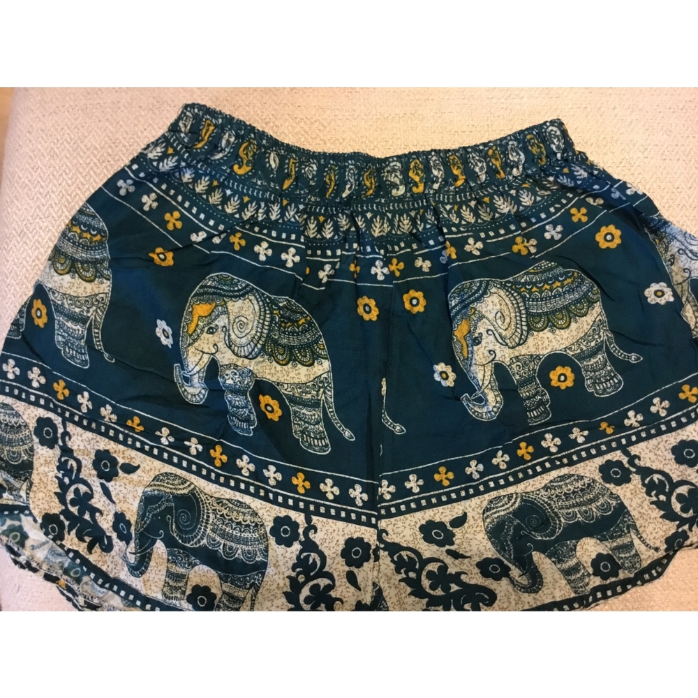 Teal Thai Elephant Shorts Expandable Waist Band
